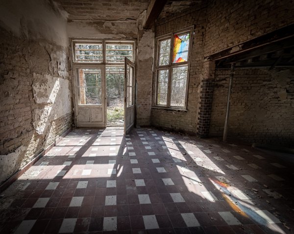 Stained glass and a chequered floor