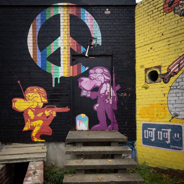 Peace sign above the stairs
