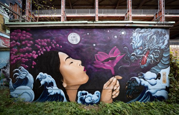 Woman, blossom and dragon