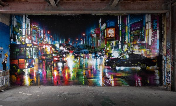City lights in the rain